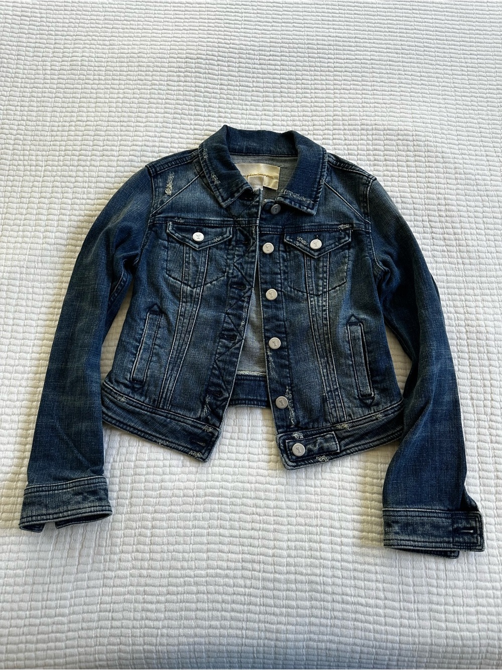 Anthropologie Dark Blue Denim Cropped Distressed Jacket